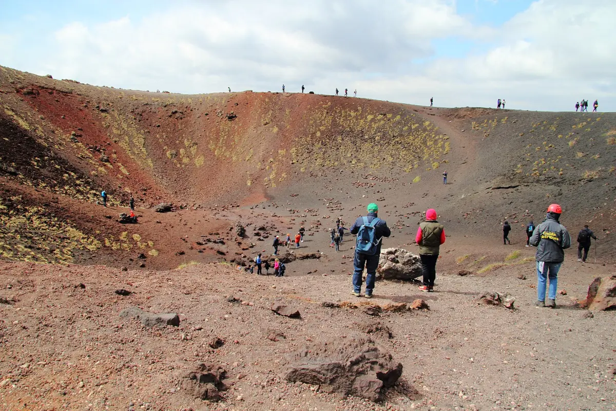 Visitors walking in a crater near Rifugio Sapienza