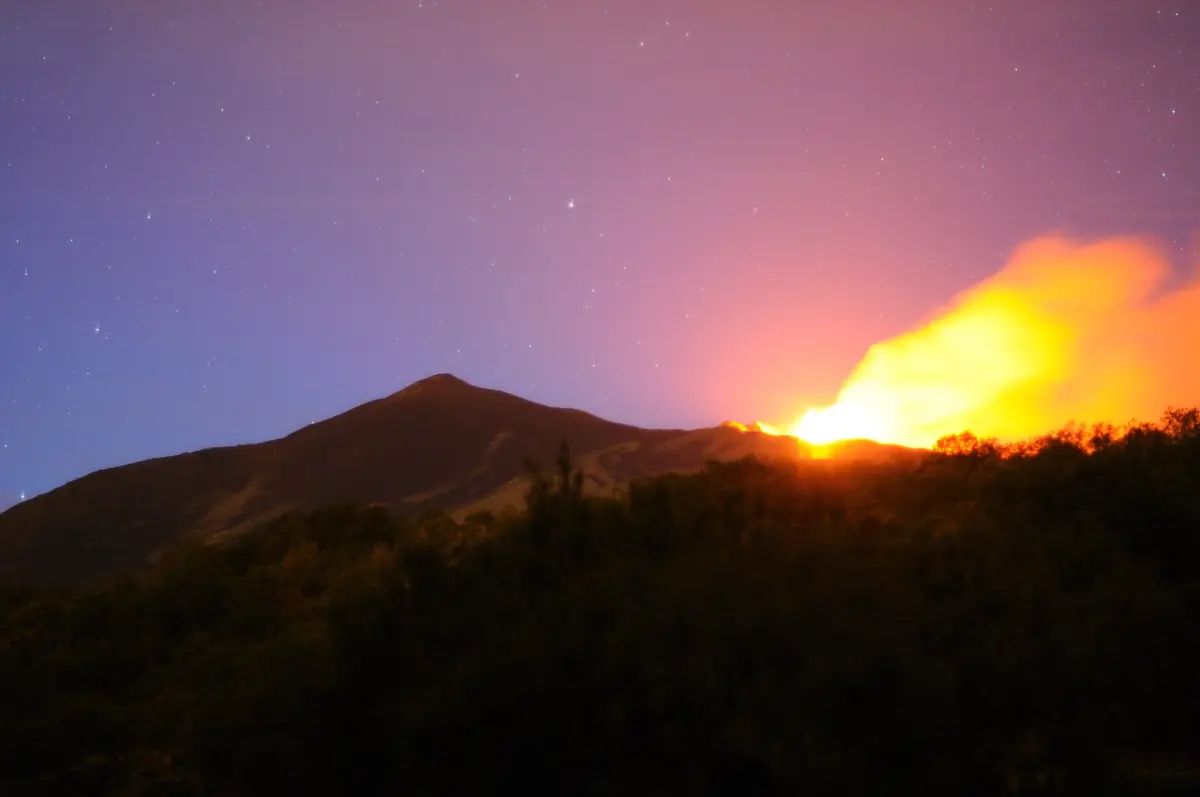 The glow of an Etna eruption at dusk